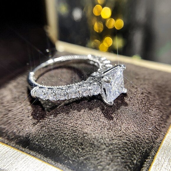 🎀 Beautiful Pure Zircon Princess Cut Romantic Wedding Rings for Women, PD416 - Picture 6 of 8